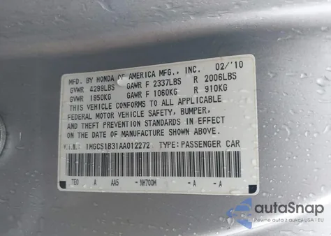 2010 Honda Accord 2.4 Lx-S z USA, uszkodzony, nr VIN 1HGCS1B31AA012272